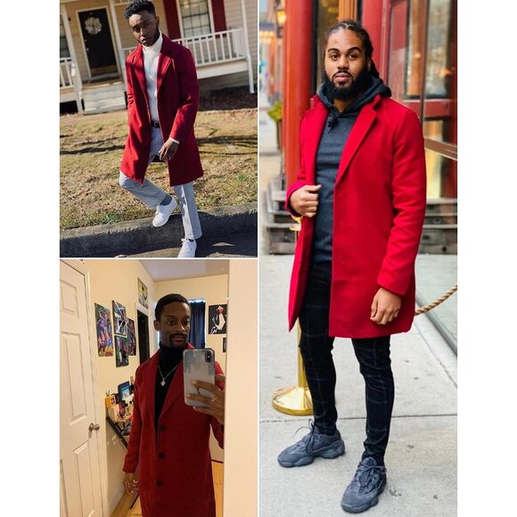 ✨Men Red Wool Blend Pea Coat Notched Collar Single Overcoat Warm Trench Coat - Picture 5 of 5